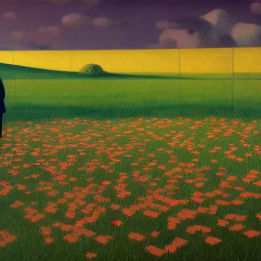 Image similar to puzzle pieces rain from the sky at a field of flowers. Masterpiece, Edward Hopper and James Gilleard, Zdzislaw Beksinski, Mark Ryden, Wolfgang Lettl, hints of Yayoi Kasuma, octane render, 8k.