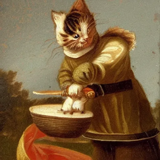 Prompt: an eighteenth century highly detailed oil painting of a kitten wearing a chef's outfit
