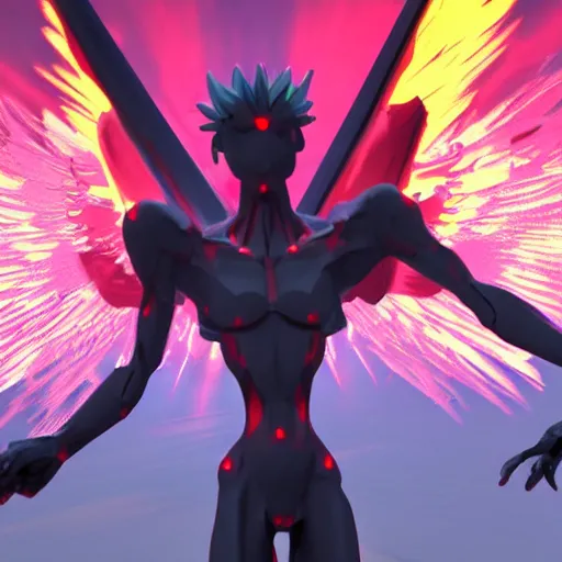 Image similar to evangelion angel invaders burning wings 4 k macabre background grim path traced high definition detailed artstation realistic trending dramatic lighting