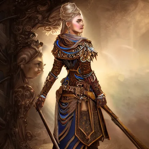 Prompt: a picture of a female warrior standing in an enchanted castle, high fantasy, elegant, epic, detailed, intricate, digital painting, concept art, realistic detailed face, smooth, focus, rim light, detailed 8 5 mm f / 1. 4, anamorphic lens