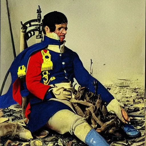 Image similar to a magnificent picture of Volodymyr Zelensky at war, dressed like Napoleon Bonaparte, his clothes are torn and dirty, he is sitting between dead corpses and weeping, holding a half burnt blue and yellow flag of Ukraine, in the style of Roy Lichtenstein