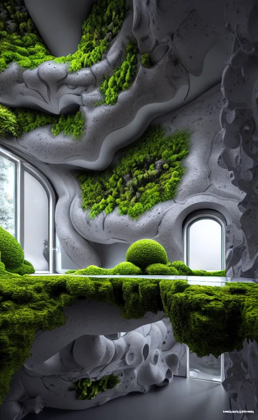 Image similar to highly detailed ultra sharp 3 d render villa interior cinematic composition of a smooth ceramic porcelain biomorphic magnolia stone nebula fluid fractal sci - fi surreal architecture landscape, granite, metallic, magnesium, marble, moss and lichen, vincent callebaut composition, mamou - mani, archviz, beautiful lighting, 8 k, unreal engine, hdr,