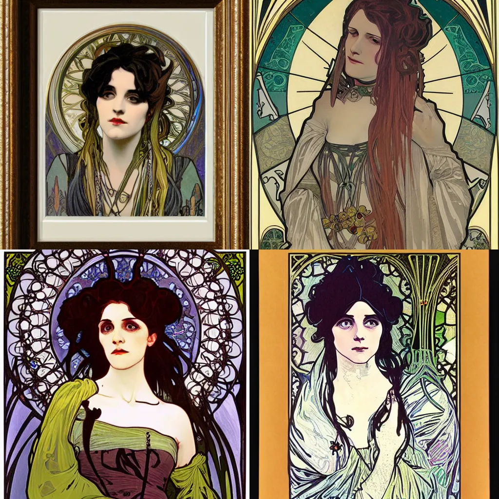 Prompt: portrait of a gothic woman in the style of alphonse mucha