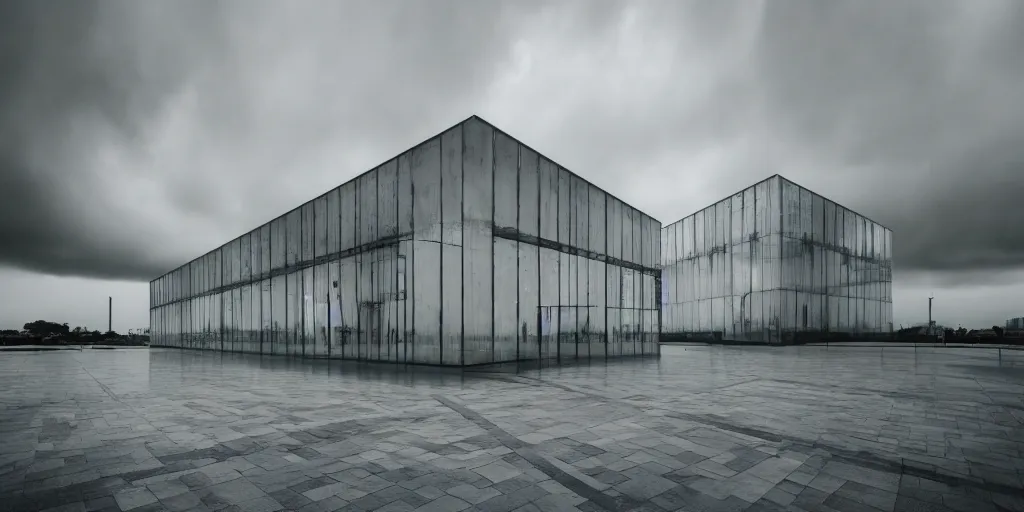 Prompt: cinematic photography of art museum made out of colored small stained glass panes and white concrete in an urban context, dramatic grey sky, soft natural light, glowing windows, architectural photography, wide angle, photoreal