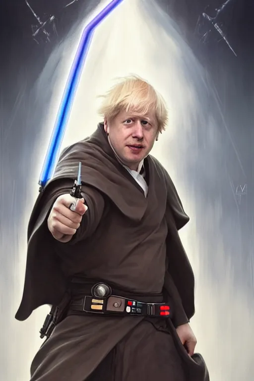 Prompt: Boris Johnson as the best Jedi from Star Wars, realistic portrait, symmetrical, highly detailed, digital painting, artstation, concept art, smooth, sharp focus, illustration, cinematic lighting, art by artgerm and greg rutkowski and alphonse mucha