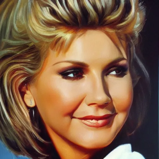 Prompt: closeup portrait of olivia newton john in jacket, movie still grease ( 1 9 7 8 ), evening, highly detailed oil painting, vladimir volegov, artstation