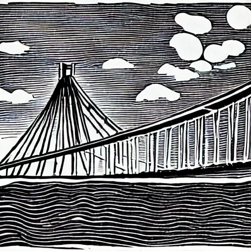 Prompt: small steel suspension bridge built in 1 9 2 8, side view, puffy clouds in background, ufo floating in the sky, woodcut style, rubber stamp, 8 k