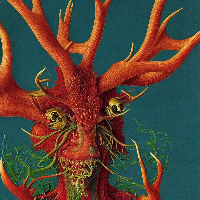 Image similar to close up portrait of a mutant monster creature with ten antlers growing in fractal forms, face in the shape of a colorful exotic carnivorous plant. by jan van eyck, walton ford