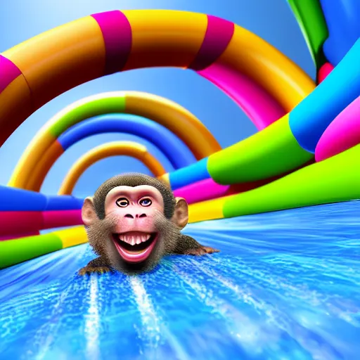 Image similar to multicolor 3 d render of happy monkey sliding down a waterslide by @ combrisi in 4 k ultra high resolution, with funny feeling