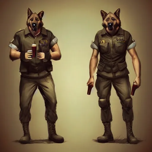 Image similar to two humanoid german shepherds beast - men in military style, they holding a beer, artstation, concept art, smooth, sharp foccus ilustration, artstation