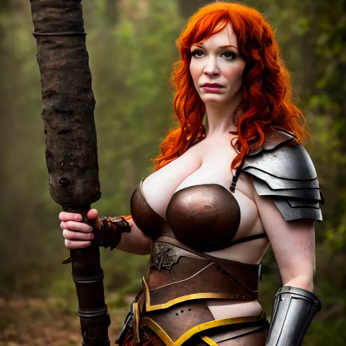 Image similar to full length photograph of a real-life christina hendricks as an amazon warrior, Extremely detailed. 8k