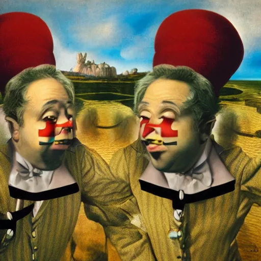 Prompt: portrait of the twins tweedledee and tweedledum in wonderland by salvador dali, detailed matte painting, digital art, 8 k