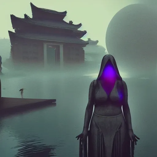 Prompt: high - tech space cult witch looking at floating islands while, foggy of a ancient temple in temple dramatic lighting, epic, octane render, volumetric light, unreal engine, artbreeder, 8 k, background, scene