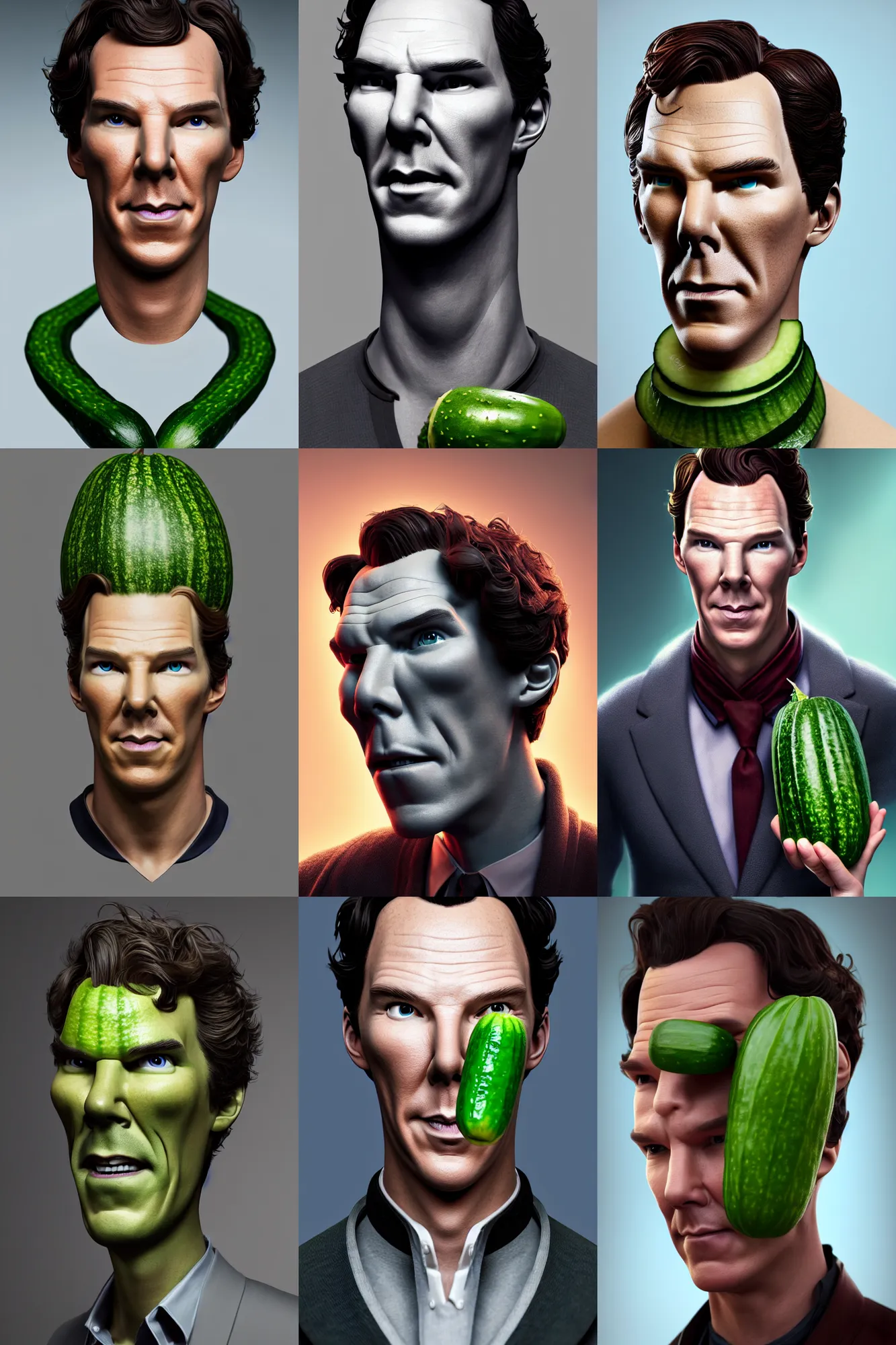 Prompt: a full character portrait of benedict cumberbatch merged with a cucumber, the pixar adaptation, ef 8 5 mm f 1. 8 usm, bionic scifi alexandre ferra, hyper detailed, digital art, trending in artstation, cinematic lighting, studio quality, smooth render, unreal engine 5 rendered, octane rendered