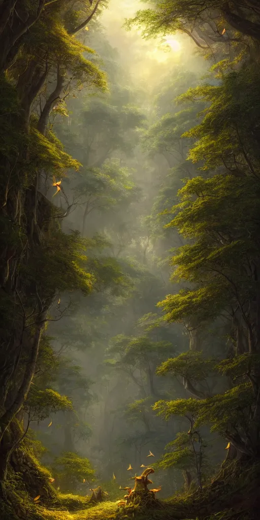 Prompt: ((A detailed and beautiful rich illustration depicting a lush and blooming forest)), small fireflies here and there, sun glare coming from above::by Andreas Rocha, by John Frederick Kensett, by Clive Madgwick::featured on deviant art, trending on artstation