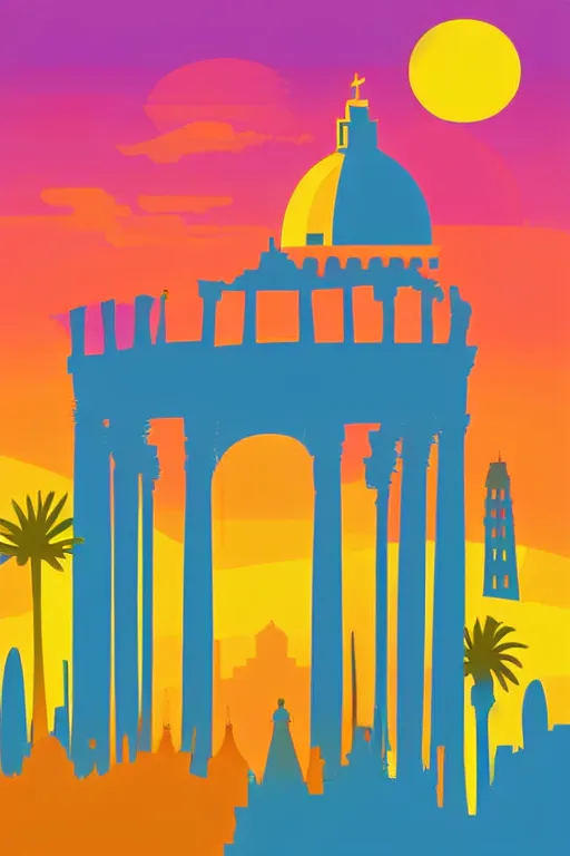 Prompt: minimalist boho style art of colorful rome at sunrise, illustration, vector art