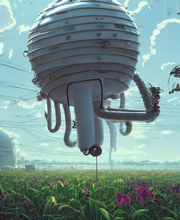 Image similar to simplicity, inflated industrial plant made from isopod wasp octopus, in the style of spaceship, overgrown with orchids, partly cloudy, somber, dramatic lighting, by geof darrow, bill sienkiewicz, dan mumford, yusuke murata, makoto shinkai, ross tran, cinematic, unreal engine, cel shaded, featured on artstation, pixiv