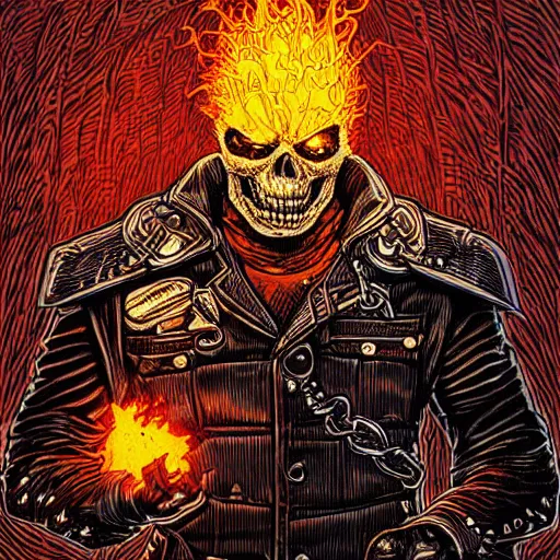 Image similar to an intricate vintage headshot of ghost rider by Dan Mumford