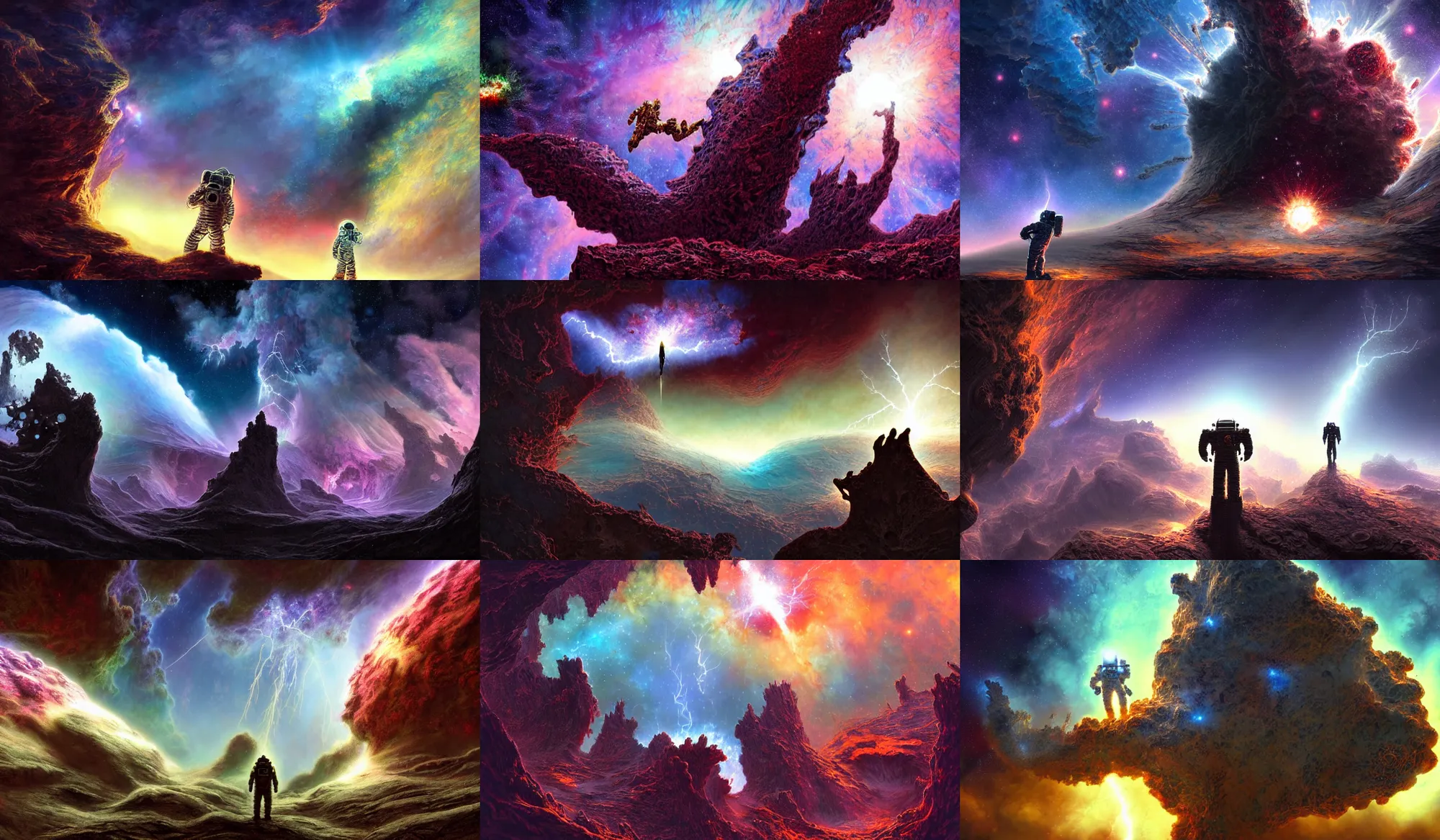 Prompt: astronaut silhouette in foreground, on a mountain on beautiful alien world, fractal lightning shooting by, mandelbulb pillars of creation nebula in background, starfield in background, style of Tyler Edlin, style of Tim White