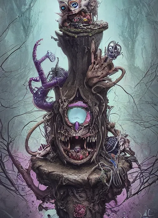 Prompt: Alice in Wonderland Cheshire Cat Death Tarot card,highly detailed,half skull face,cinematic,8k,by Stanley Artgermm,Tom Bagshaw,Greg Rutkowski,Carne Griffiths, Ayami Kojima, Beksinski, Giger,Anne Stokes, Benjamin Lacombe,trending on DeviantArt,hyper detailed,horror, full of colour