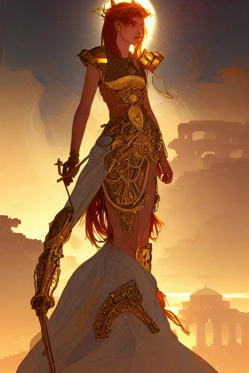 Image similar to portrait knights of zodiac girl, golden and copper shining armor, in ruined agora of athens sunrise, ssci - fi and fantasy, intricate and very very beautiful and elegant, highly detailed, digital painting, artstation, concept art, smooth and sharp focus, illustration, art by tian zi and wlop and ilya kuvshinov and alphonse mucha