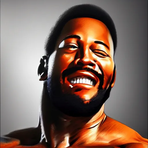Image similar to marvin gaye with the physique of a body builder, hyper realistic and ultra detailed face, cinematic, dynamic lighting, photorealistic, refined, intricate, digital art, digital painting, masterpiece, 8k
