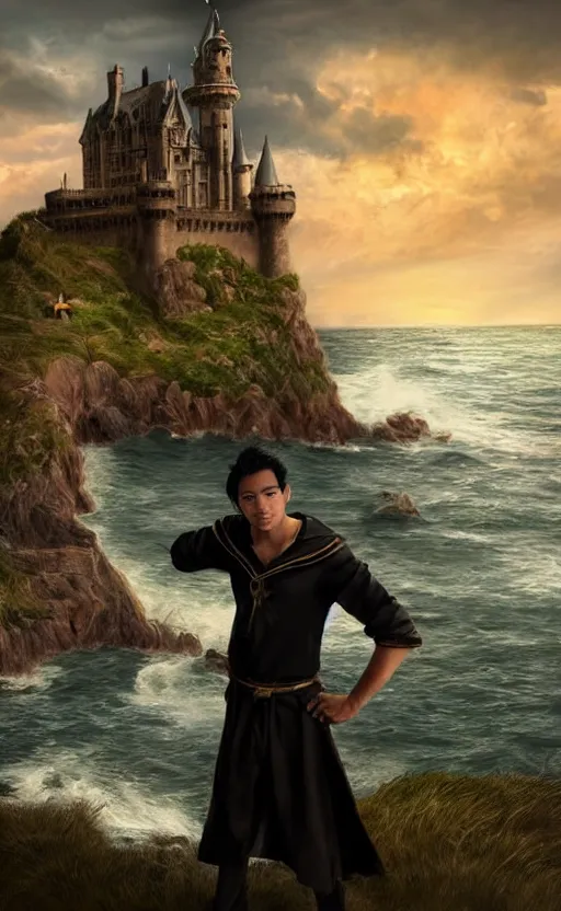 Image similar to portrait of young male wizard with black hair wearing a brown jerkin in front of a castle by the sea, photorealistic, dramatic lighting, intense clouds