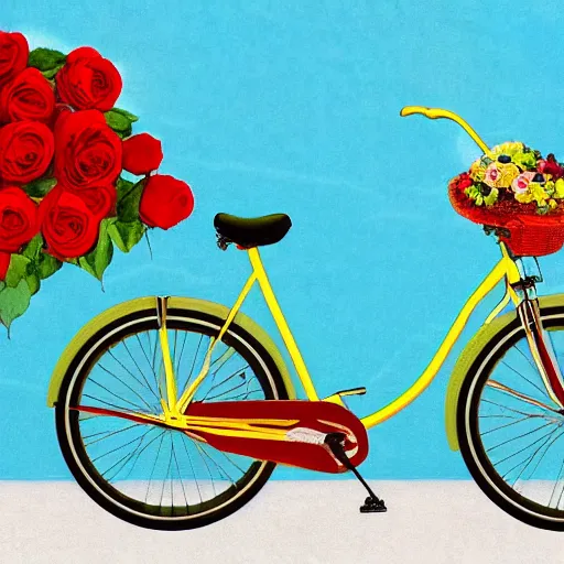 Prompt: a beautiful digital matte painting of a vintage yellow Schwinn bicycle with a basket of red roses on the front propped up against a blue wall, anime documentary style by Miyazaki and Studio Ghibli, nostalgic heart-warming, trending on artstation hq
