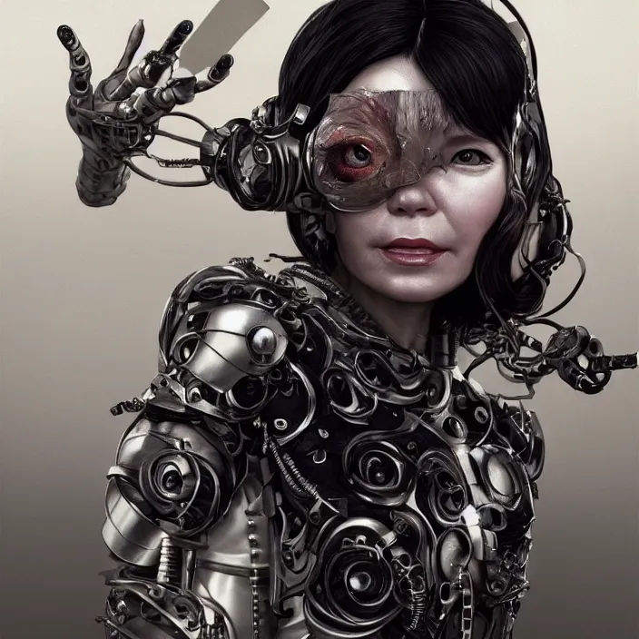 Image similar to hyper - realistic bjork leather cyborg - by tom bagshaw, by ilya kuvshinov, rtx rendering, octane render 1 2 8 k, maya, extreme high intricate details by wlop, digital anime art by ross tran, medium shot, close up shot, composition by sana takeda, dramatic lighting by greg rutkowski, 8 k, trending on artstation