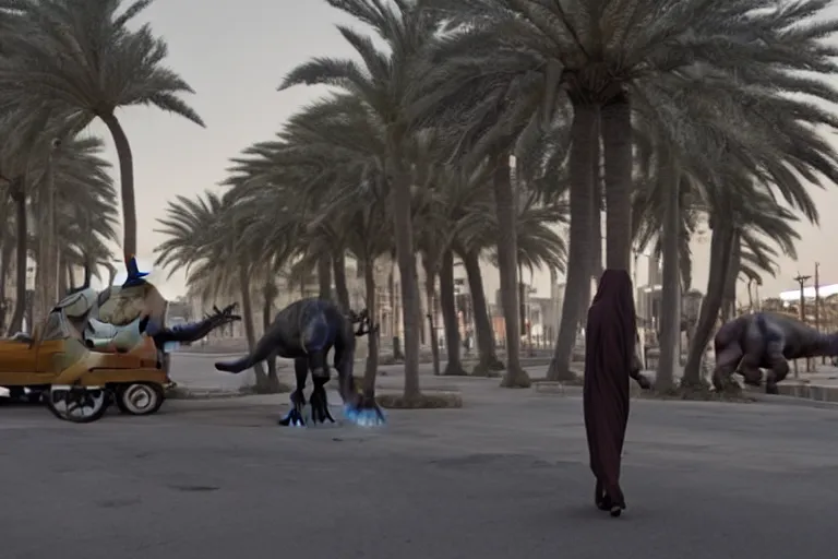 Prompt: cinematography dinosaurs in the streets of Abu Dhabi by Emmanuel Lubezki