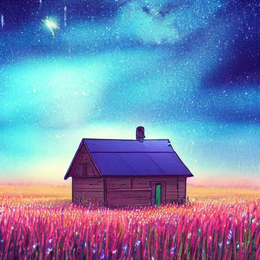 Prompt: A small lonely house in the middle of a flowery field. Beautiful view of the milky way in the night sky. Wide angle shot, award-winning digital art in the anime style by studio Ghibli