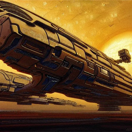 Prompt: cyberpunk starship hovering, atmospheric lighting, painted, intricate, golden hour, ultra detailed by peter gric, giger, enki bilal