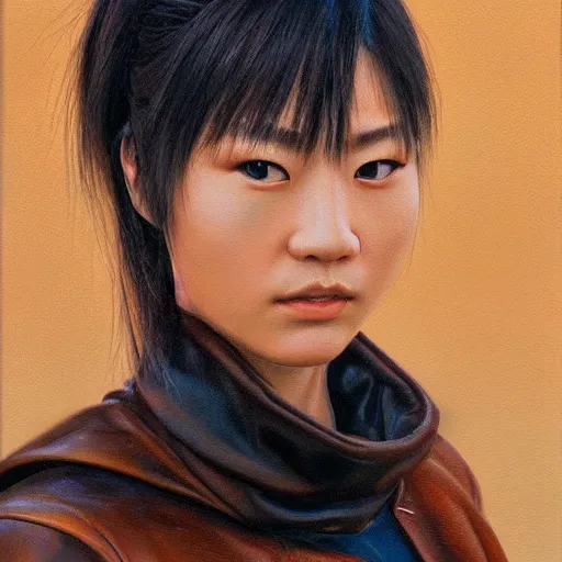 Prompt: perfect, realistic oil painting of close-up japanese young woman wearing leather jacket, in Dune Arrakis