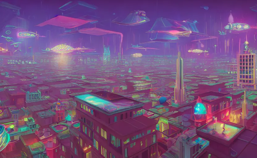 Image similar to Wide angle shot of a city with holographic fishes floating in the sky by James Gilleard, Mark Ryden, Wolfgang Lettl highly detailed, Dark cineamtic and atmospheric lighting