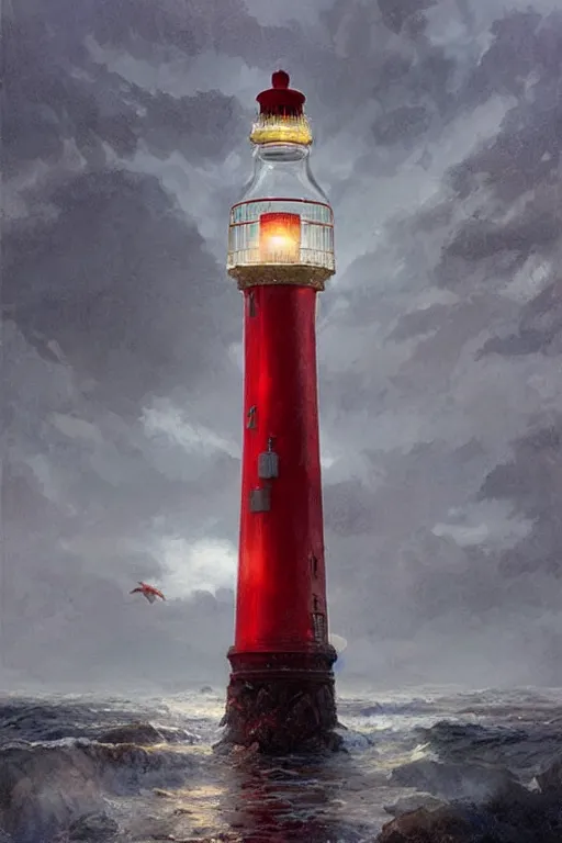 Prompt: a red and white lighthouse inside a clear bottle, very fancy whiskey bottle, intricate concept painting by by artgerm and greg rutkowski and edgar maxence and ruan jia