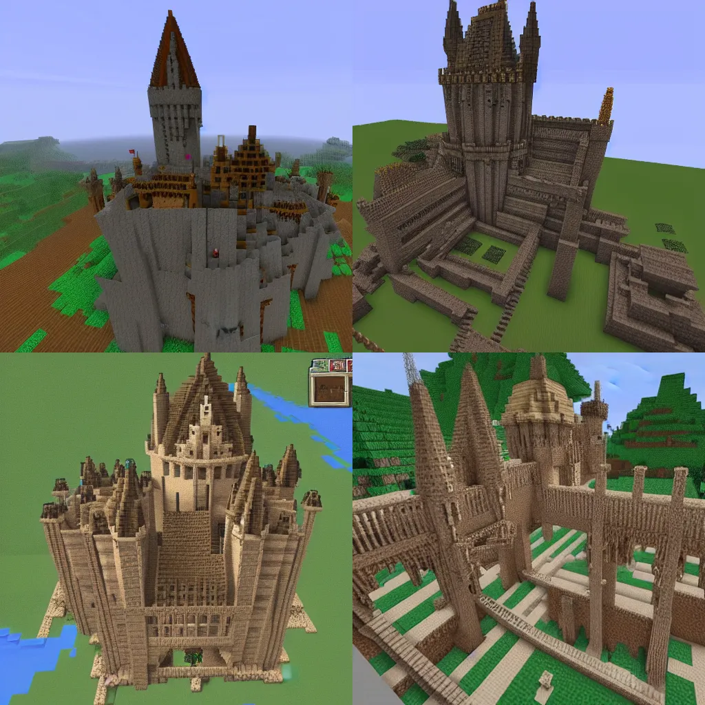 Prompt: Hogwarts in Minecraft. Castle made of Minecraft blocks