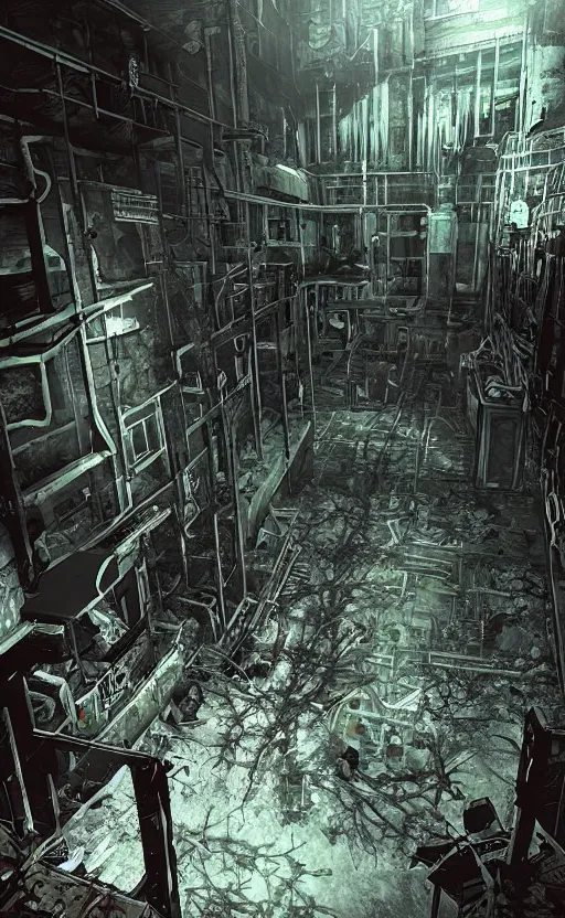 Prompt: soma game art style, post apocalyptic, hyperdetailed, hyperrealistic, horror, nature, 20000 years after human annihilation