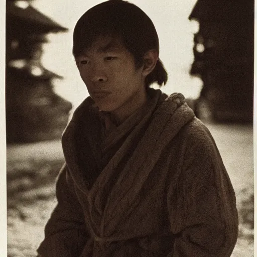 Image similar to a wide full shot, russian and japanese mix 1 9 8 0 s historical fantasy of a photograph taken of the guardian priest has wavy brown hair, medium light brown skin, and coffee - colored eyes, photographic portrait, high - key lighting, warm lighting, overcast flat midday sunlight, 1 9 8 2 life magazine photograph.