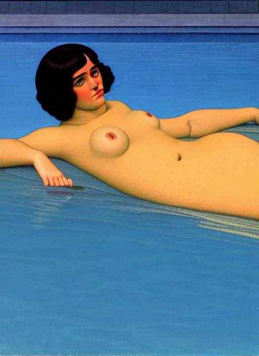 Image similar to portrait of a girl, in retro swimsuit, lying by the pool, minimalist oil painting by john godward, flat colors, beautiful lightning, sharp