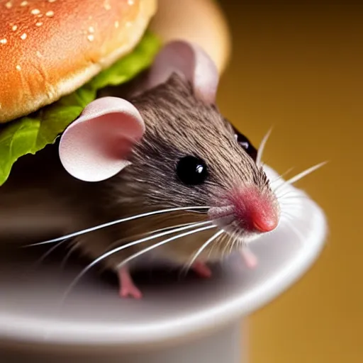 Image similar to a mouse sitting on the top of a hamburger, hyper realistic, macro photo, very detailed