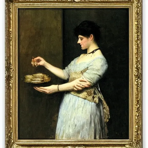 Prompt: woman collecting antique coins by alfred stevens