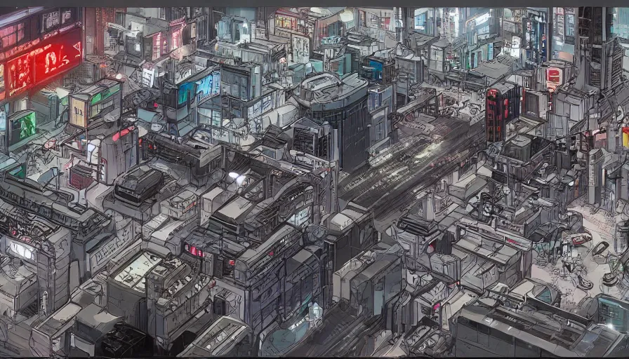 Image similar to Wide angle Concept Art of neo-Tokyo Maximum Security Mint Bank, in the Style of Akira, Anime, Dystopian, Cyberpunk, Crypto Valut, Helicopter Drones, 19XX