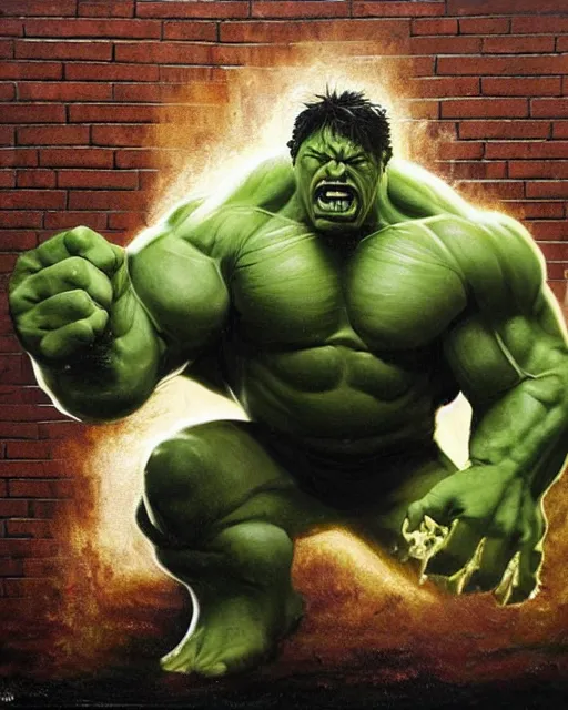 Image similar to a moody painting of the incredible hulk looking angry and breaking through a brick wall