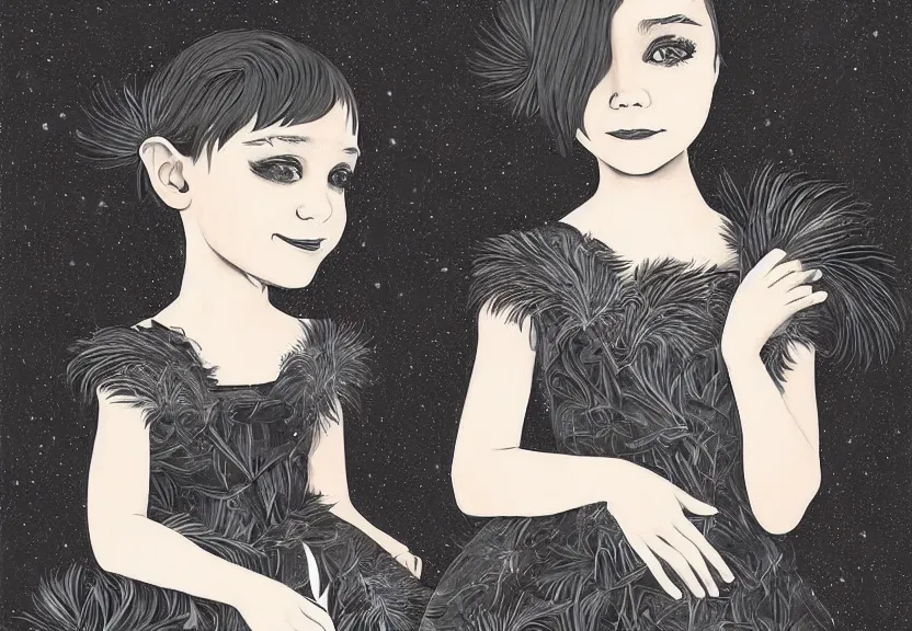 Image similar to little girl with a short black haircut wearing a dress made of black feathers, artwork in disney art style, anatomically perfect