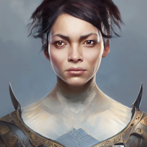 Prompt: beautiful, very strong, mixed race, female, middle aged, face, no makeup, head shot, fantasy, highly detailed, digital painting, artstation, concept art, smooth, sharp focus, illustration, art by jodie muir and brom