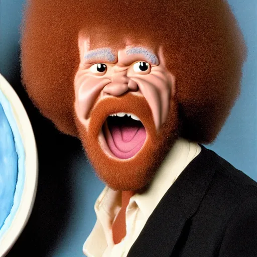 Image similar to angry bob ross screaming because someone at his donut