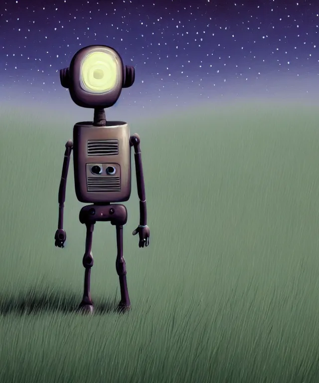 Prompt: a beautiful painting of sad robot walking on grass, by walt disney animation studios, concept art, cinematic, cartoon style, dark sky with stars, super details, 2 d, 8 k, walt disney