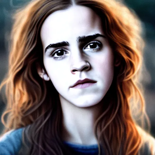 Image similar to beautiful hyperdetailed photograph of hermione granger portrrayed by emma watson, golden hour, soft focus, medium shot, 8 k, portra 4 0 0