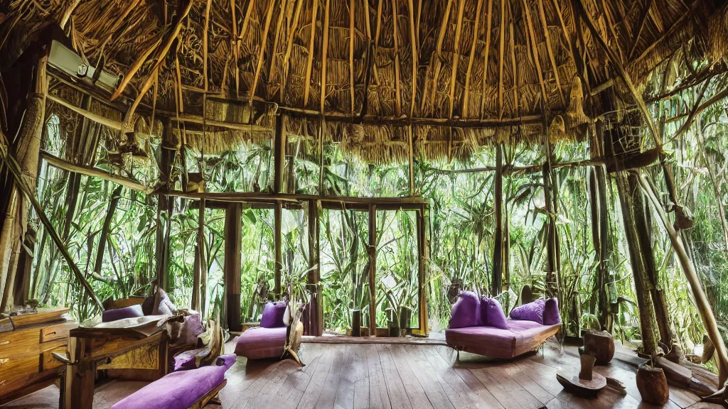 Prompt: 35mm photo of interior of luxurious jungle treehouse, sublime interior design, lavender colors, wall sconces, jungle view, humble, style of Tudor, professional photography, wide perspective, grand composition, concept art, highly detailed, sublime, dramatic, cinematic