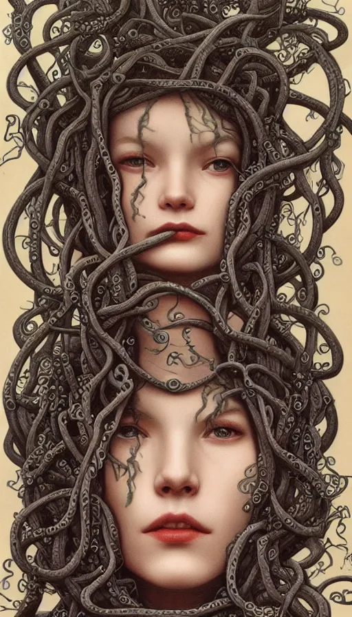 Image similar to very detailed portrait of a 2 0 years old girl surrounded by tentacles, the youg woman visage is blooming from fractal and vines, by gerald brom,